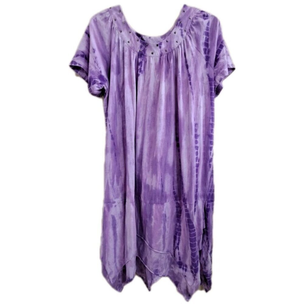 Roaman's Women's L 18/20 Purple Tie Dye Short SleeveLong Kaftan Boho